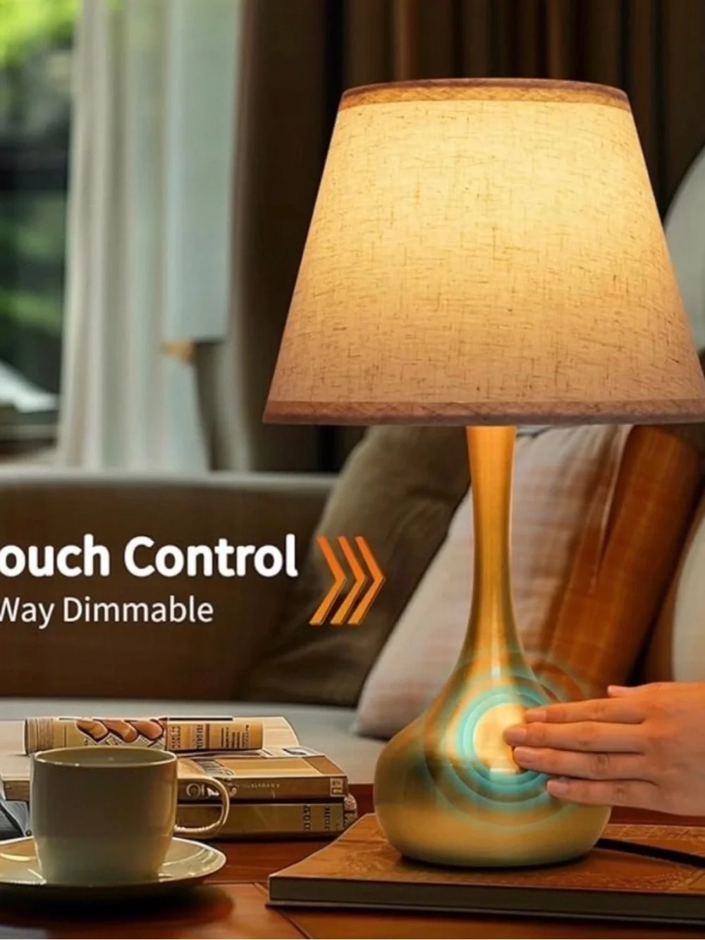 New-Onewish Touch Control Table Lamp in Brushed Gold with Beige Shade